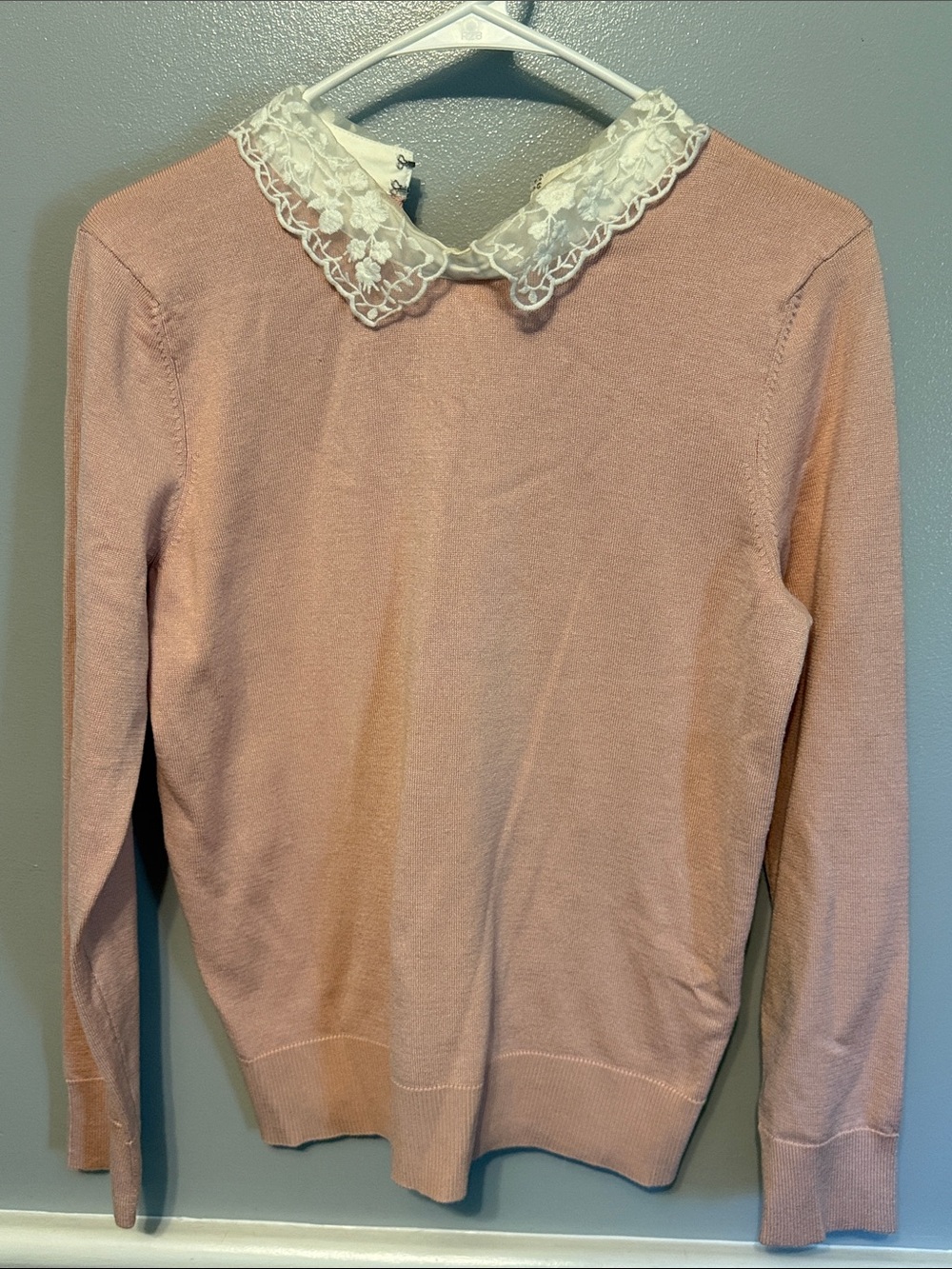 Cable & Gauge Pink Crewneck Sweater with Lace Peter Pan Collar